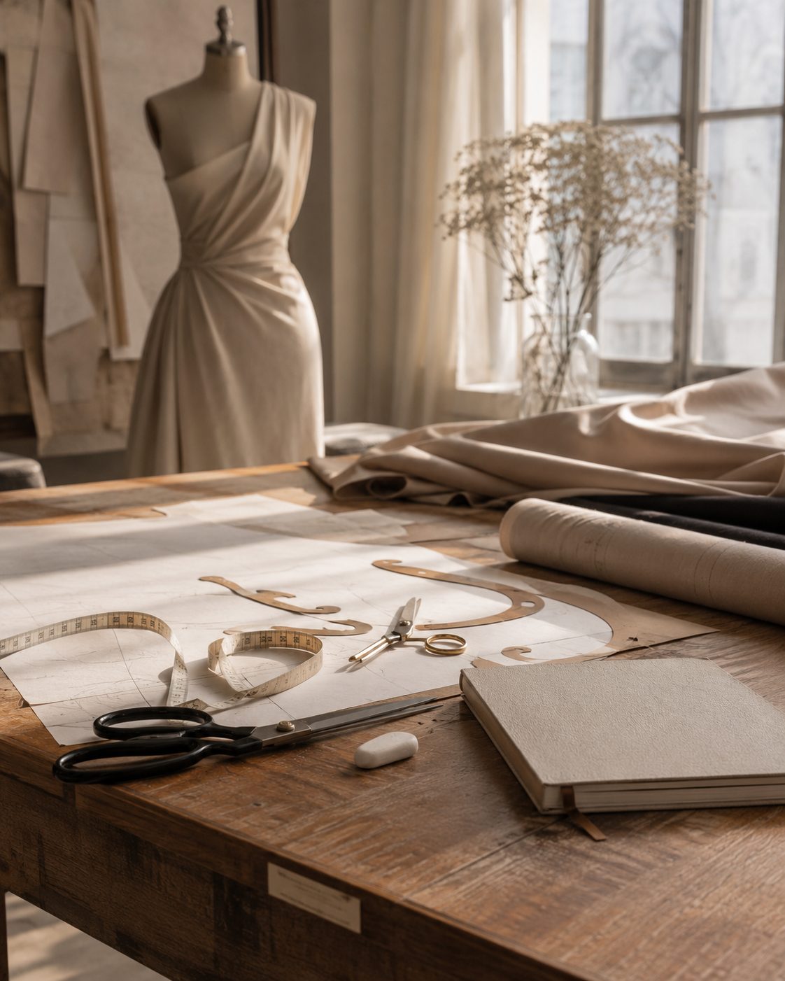 Inside the THELYSH Atelier studio — pattern drafting table, French curves and mannequin