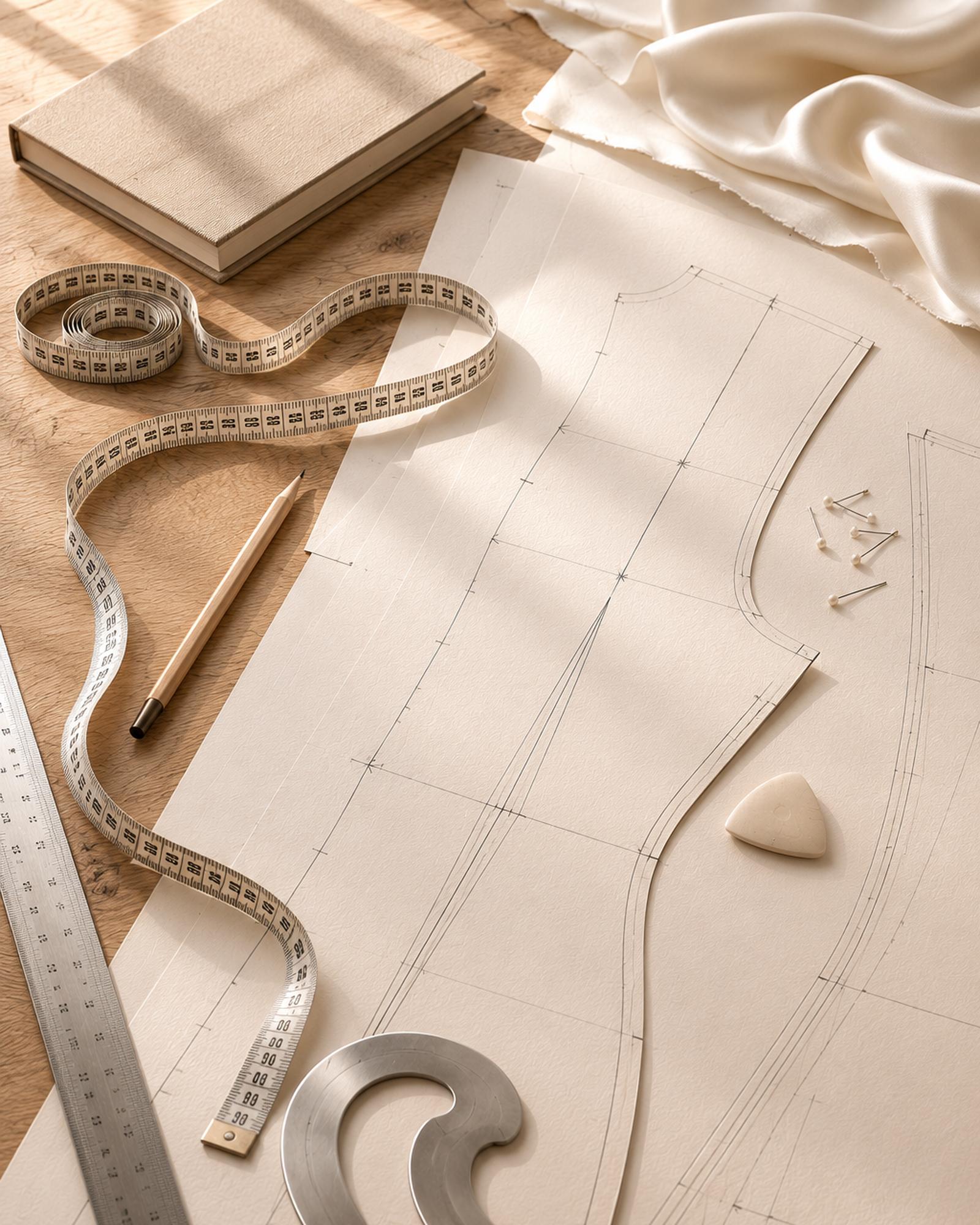 Pattern drafting table with French curve, tailor's tape and silk swatch — THELYSH Atelier fashion development studio